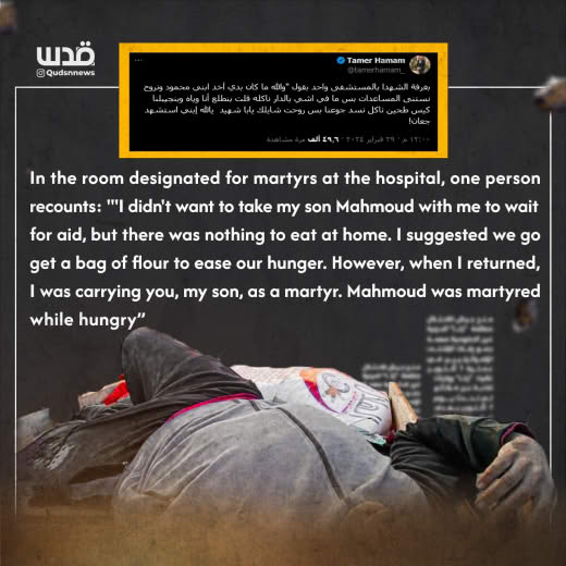 Israeli forces perpetrated a massacre against thousands of starving Palestinians who had spent the night waiting for a b